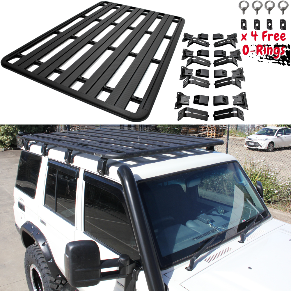 Wide Aluminium Flat Roof Rack Fits Landcruiser 76 Series 220cm x 142cm Rain Gutter Mounts Tradie Black Rack