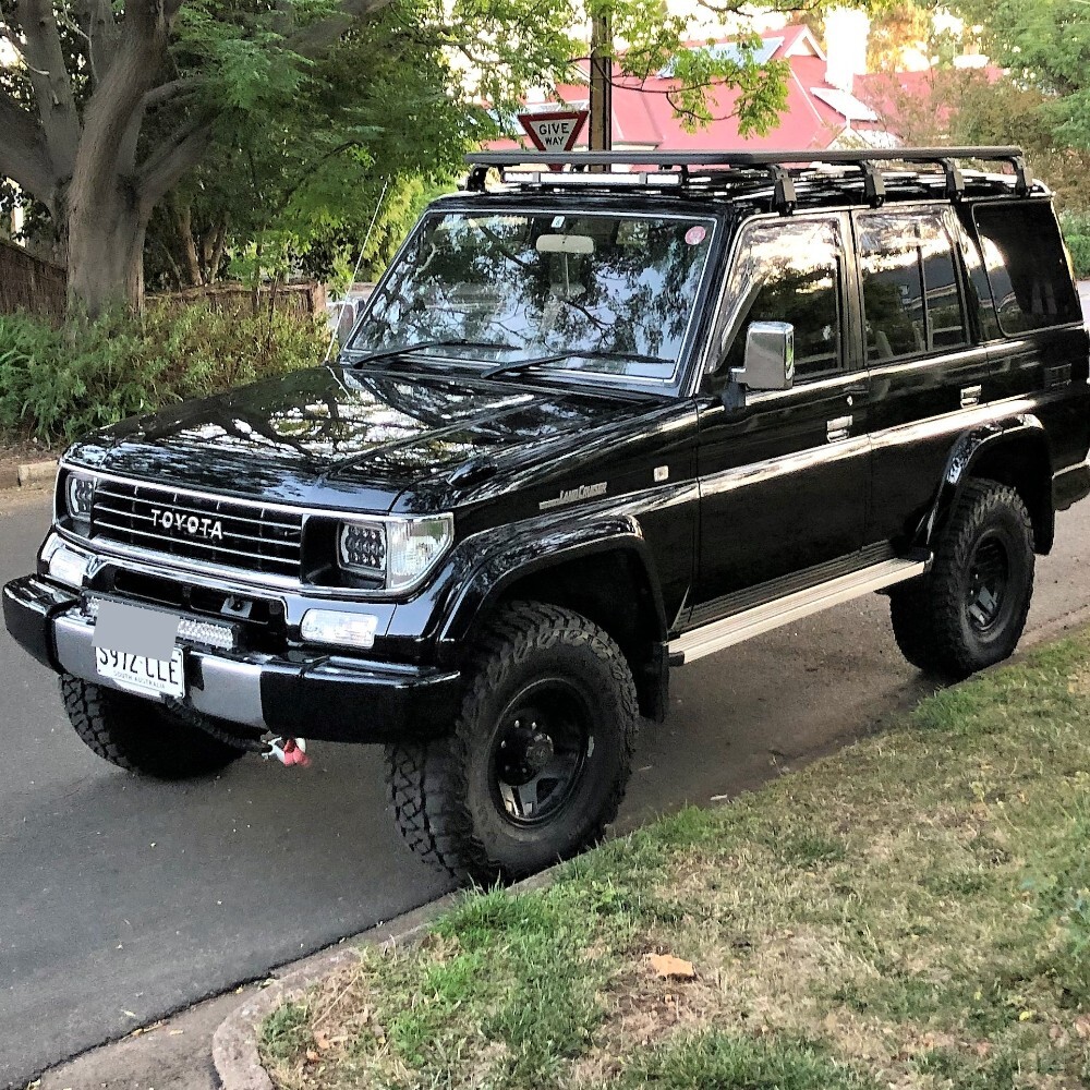 Aluminium Flat Roof Rack Cage Fits Landcruiser 76 Series 220cm x 125cm Rain Gutter Mounts Tradie Black Rack