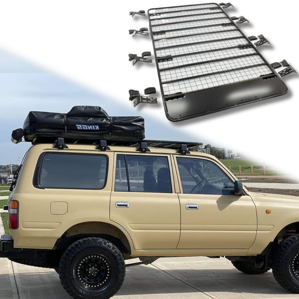 Flat Roof Rack Cage fits Landcruiser 76 Series 220cm x 125cm Rain Gutter Mounts Black Powder Coated Steel Rack