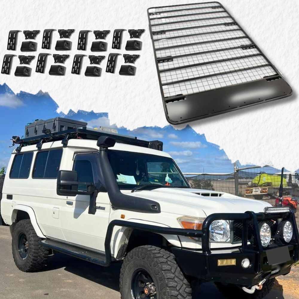 Flat Roof Steel Rack Rain Gutter Mounts fits Landcruiser 75 78 Series Troop Carrier 210 x 125cm Black Powder Coated