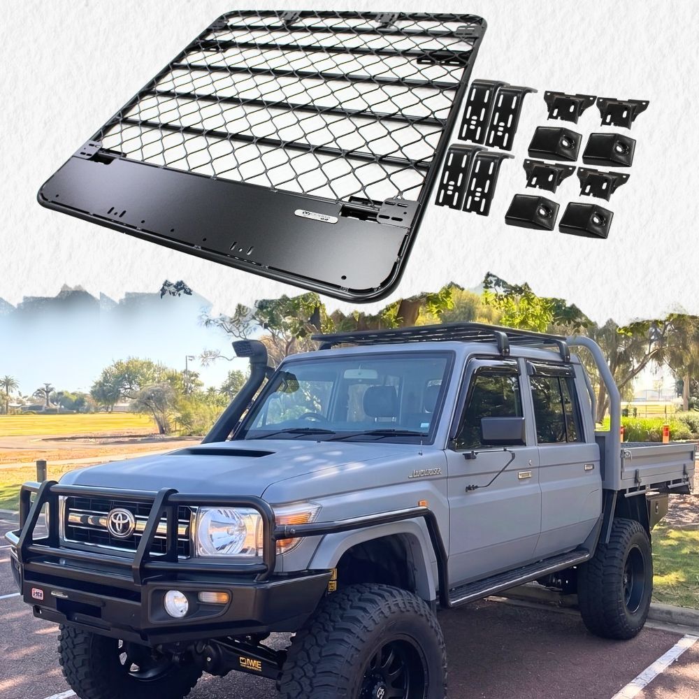 Aluminium Flat Roof Rack Platform Suits Landcruiser 79 Series Dual Cab Brackets Black Powder Coated