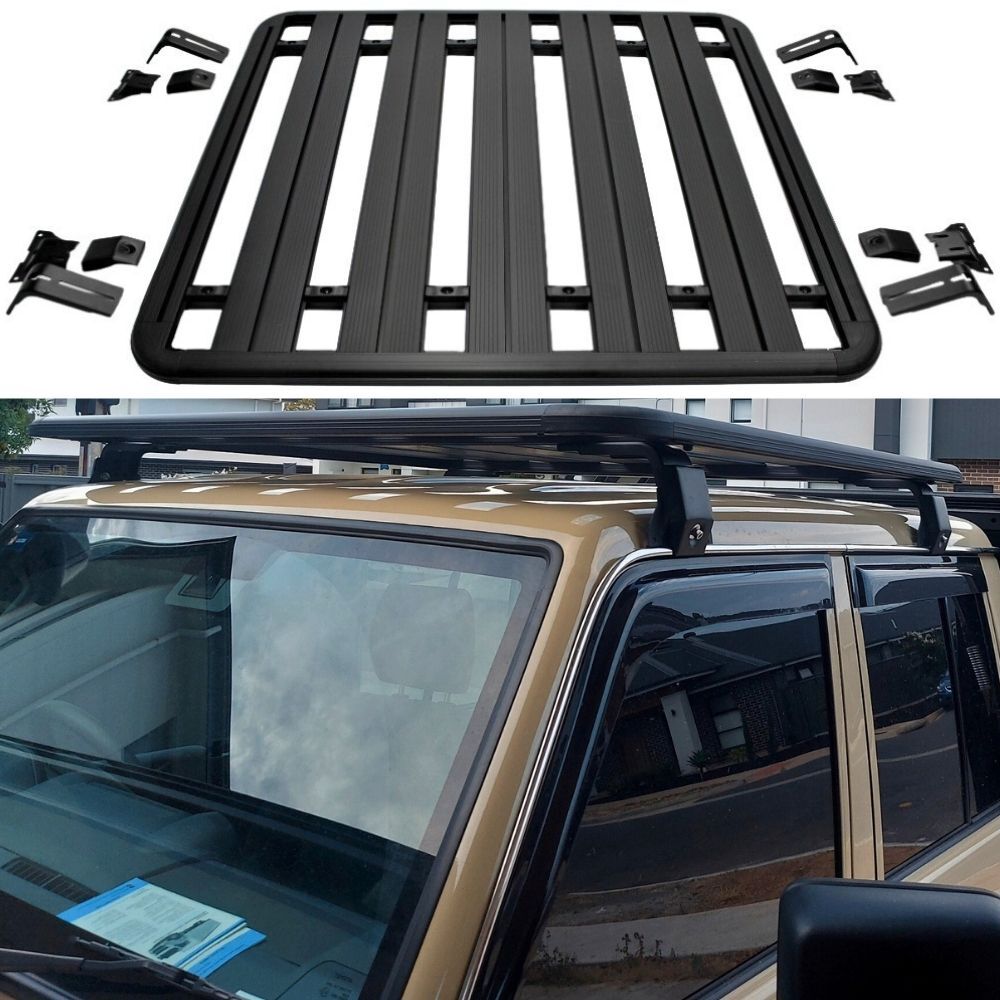Aluminium Flat Roof Rack Cage Fits Landcruiser 79 Series Dual Cab 135cm x 142.5cm Rain Gutter Mounts Tradie Black Rack