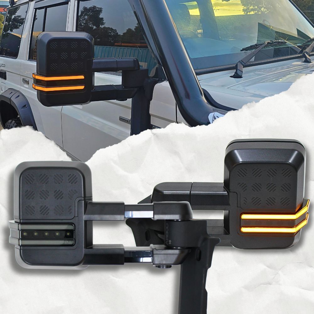 Cobra 4x4 Gen 2 Extendable Towing Mirrors Suit Landcruiser 70, 75, 76, 78, & 79 Series 1984 Onwards Black Electric LED Indicators Caravan Trailer