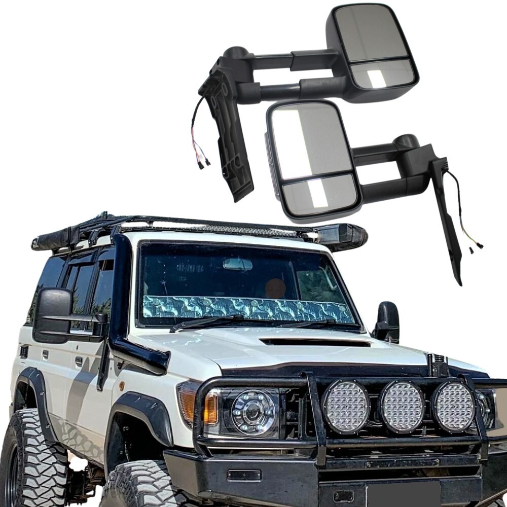 Extendable Towing Mirrors suit  Landcruiser 70, 75, 76, 78, & 79 Series 1984 Onwards Black Electric LED Indicators