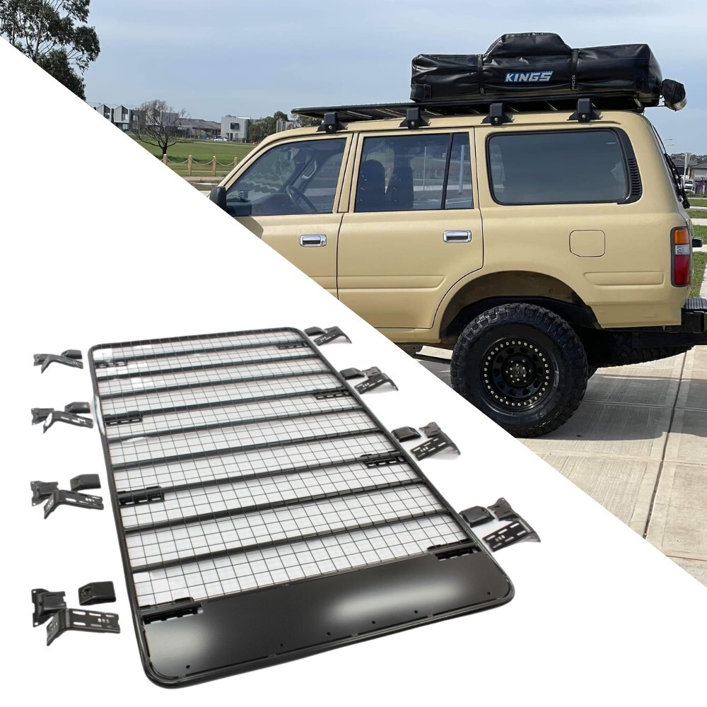 Flat Roof Rack Cage fits Landcruiser 80 90 Series 220cm x 125cm Rain Gutter Mounts Black Powder Coated Steel Rack GU patrol Pajero