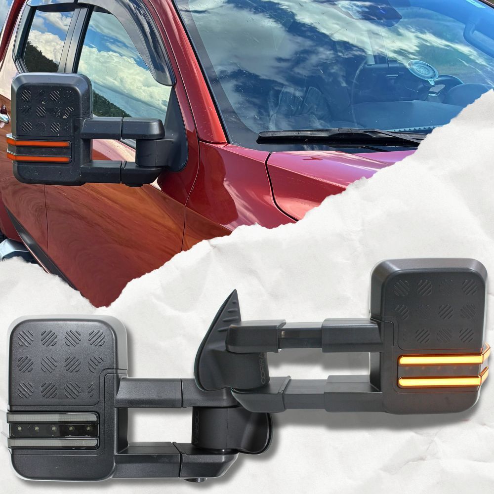Cobra 4x4 Gen 2 Extendable Towing Mirrors Suit Landcruiser 80 Series Black Electric LED Indicators Caravan Trailer