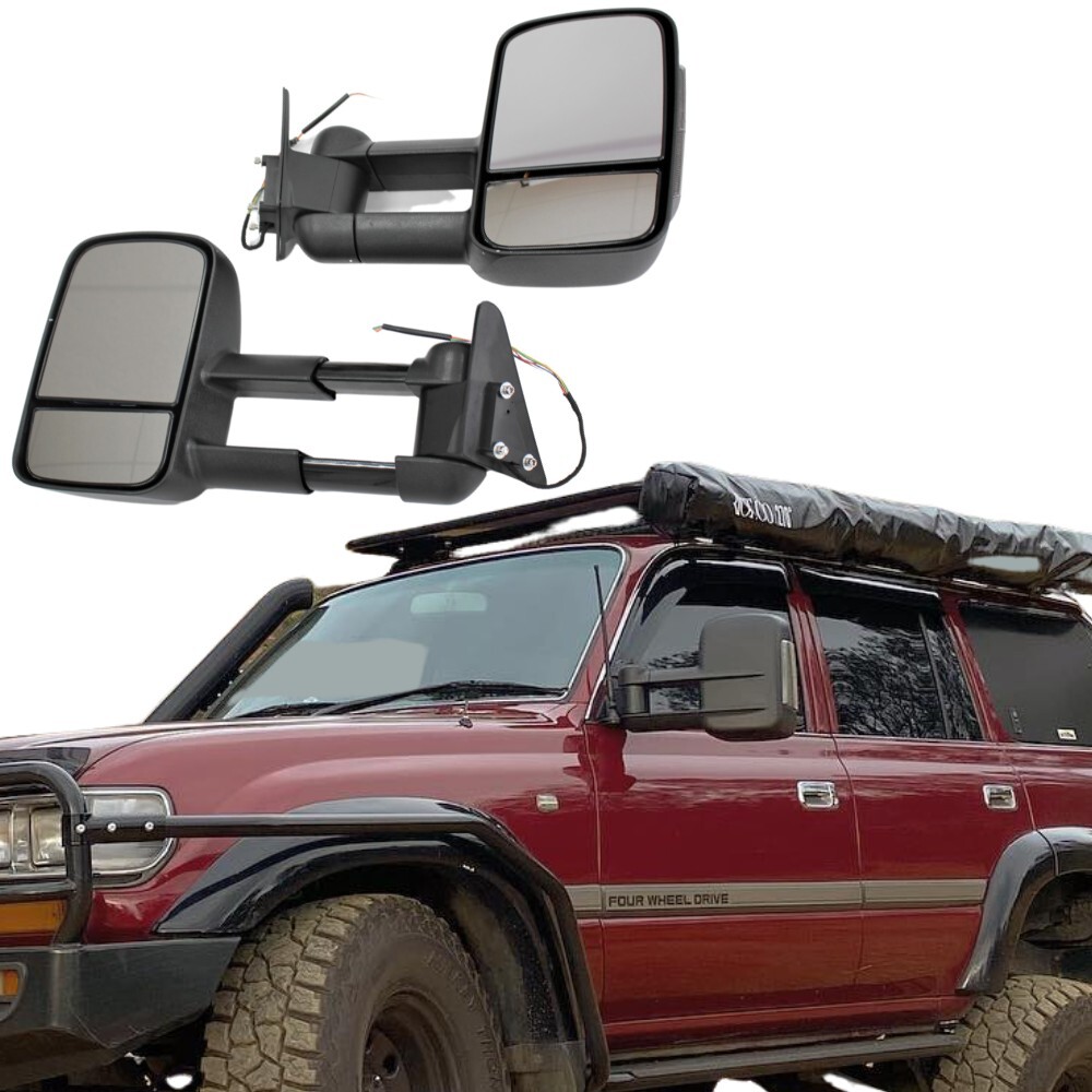 Extendable Towing Mirrors Suit  Landcruiser 80 Series 90-98 Black Electric LED Indicators Caravan Trailer