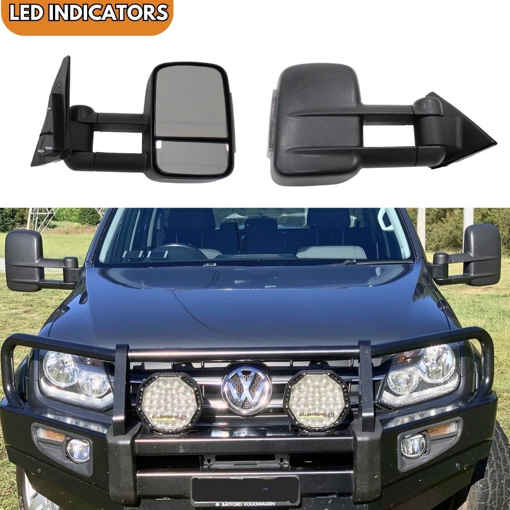 Extendable Towing Mirrors suit Amarok 2009 - 04/2023 Black Electric LED Indicators Caravan Trailer