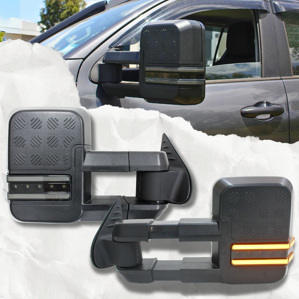 Cobra 4x4 Gen 2 Extendable Towing Mirrors Suit Nissan Navara D40 2005 - 2015 Black Electric LED Indicators Caravan Trailer