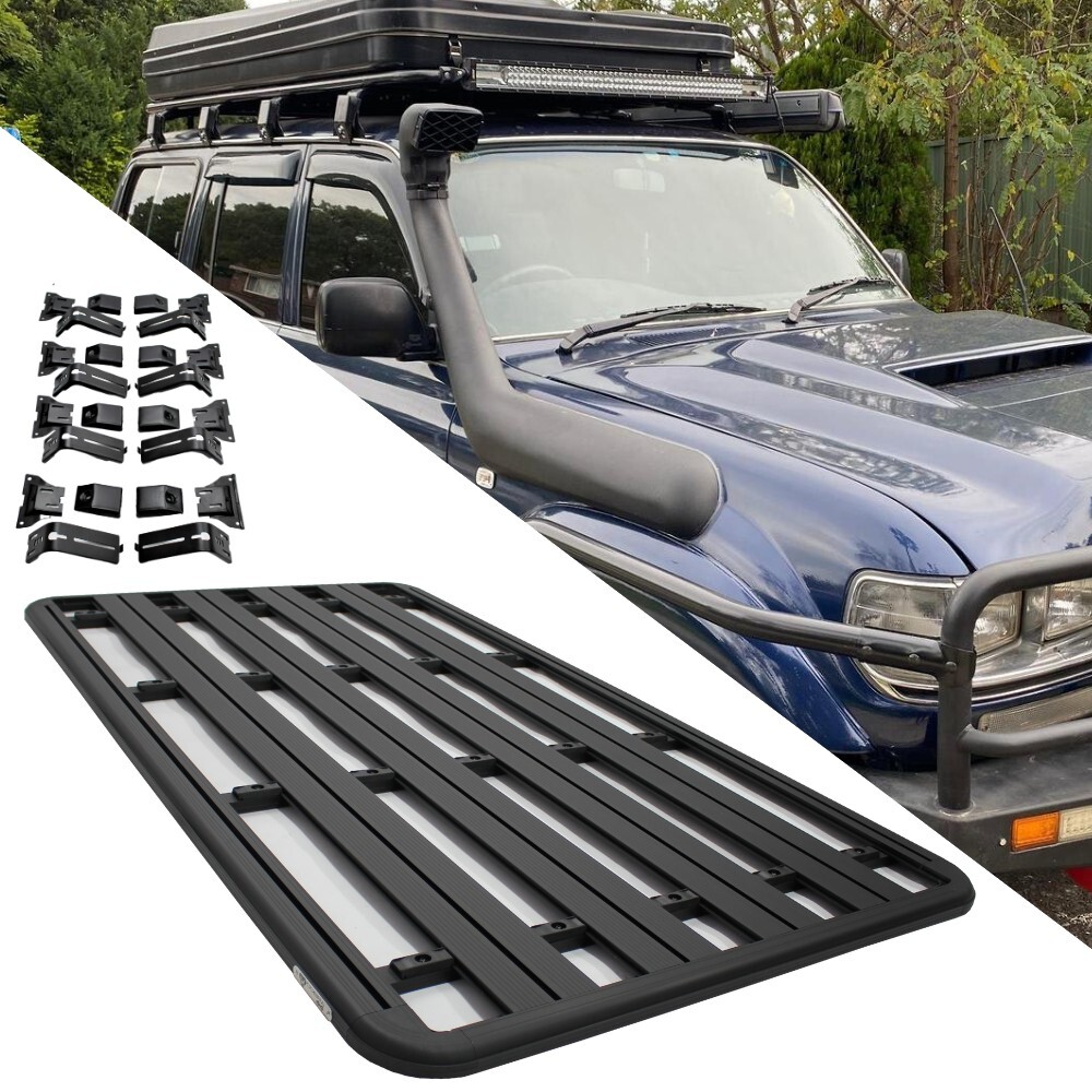 Aluminium Flat Roof Rack Cage Fits Landcruiser 80 90 Series Prado Patrol GU GQ 220cm x 125cm Rain Gutter Mounts Tradie Black Rack