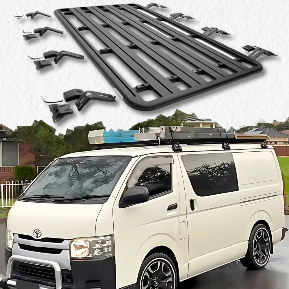 Aluminium Flat Roof Rack Cage Fits Hiace 2005 - 2018 LWB 220 x 125cm Rain Gutter Mounts Tradie Black Rack