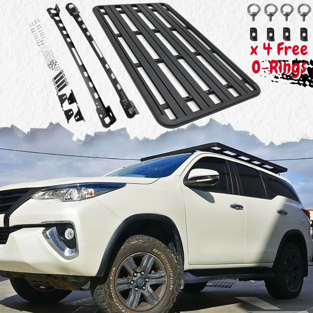 Aluminium Flat Roof Rack Fits Toyota Fortuner 2016 Onwards 200cm x 125cm Mounts Tradie Black