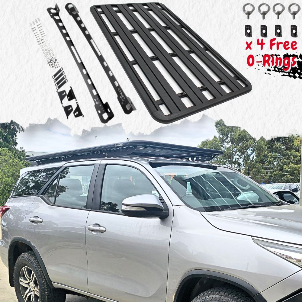 Aluminium Flat Roof Rack Fits Toyota Fortuner 2016 Onwards 220cm x 125cm Mounts Tradie Black