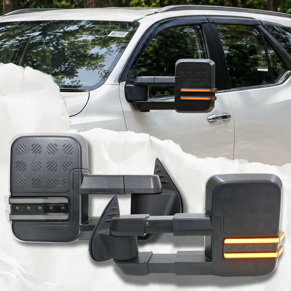 Cobra 4x4 Gen 2 Extendable Towing Mirrors suit Toyota Fortuner 2016 - 2022 Black Electric LED Indicators Caravan Trailer
