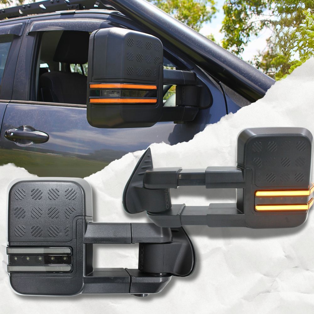 Cobra 4x4 Gen 2 Extendable Towing Mirrors Suit Patrol GU Y61 1997 - 2016 Black Electric LED Indicators Caravan Trailer