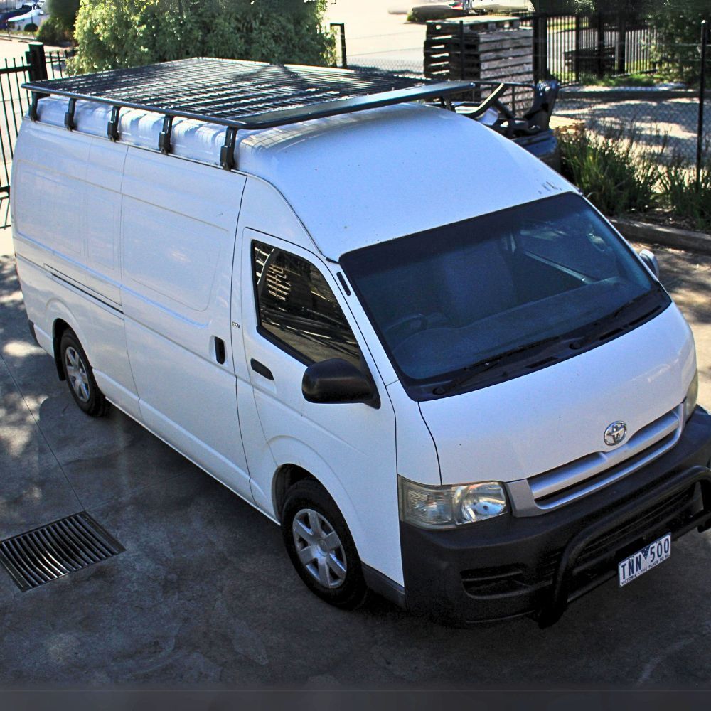 Steel Flat Roof Rack Full Length Platform fits Hiace 2005 - 2018 SLWB 330cm x 150cm Rain Gutter Brackets Black Powder Coated