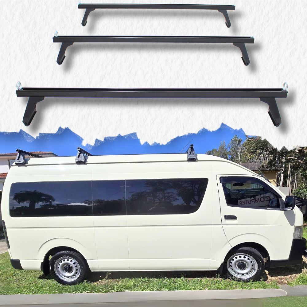3 x Cross Bars Black Aluminium Roof Suits Hiace 1998 - 2018 SLWB Crossbars Ladder Pipes Plumber Electrician