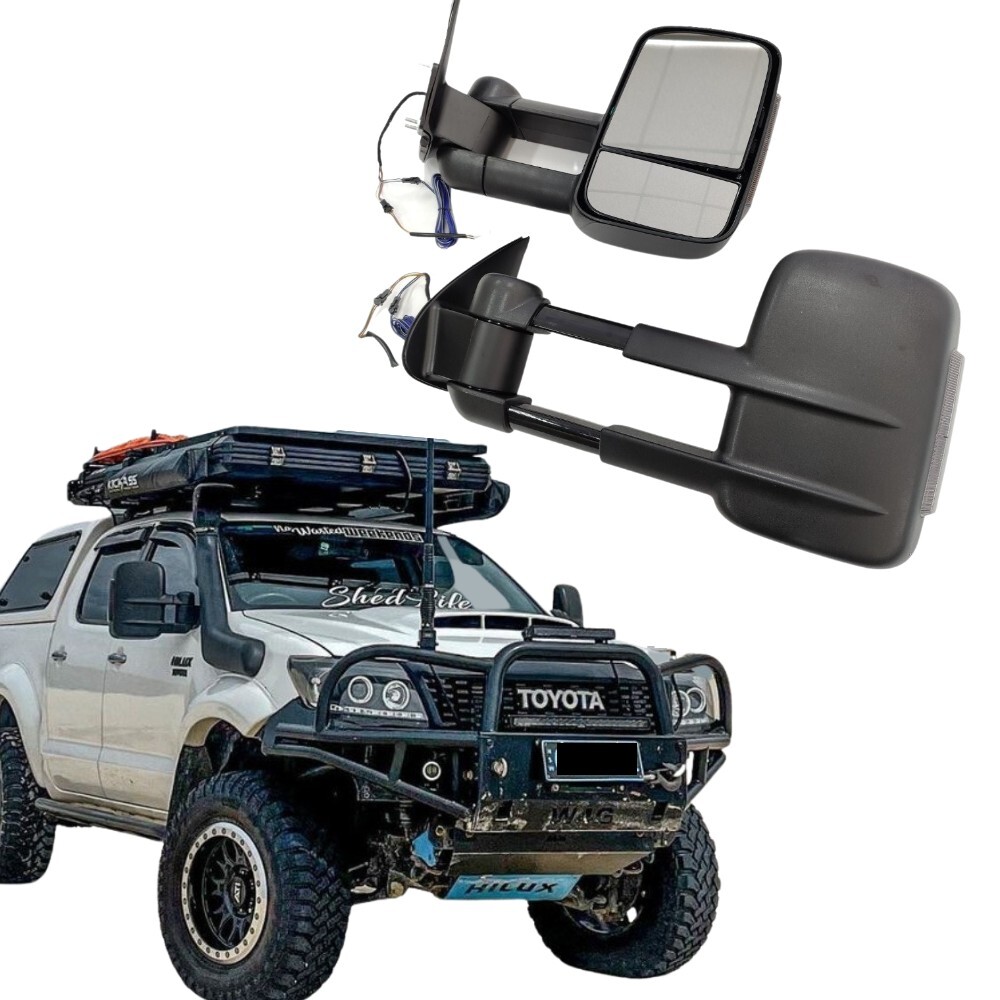 Extendable Towing Mirrors suit Hilux N70 2005 - 2015 Black Electric LED Indicators Caravan Trailer