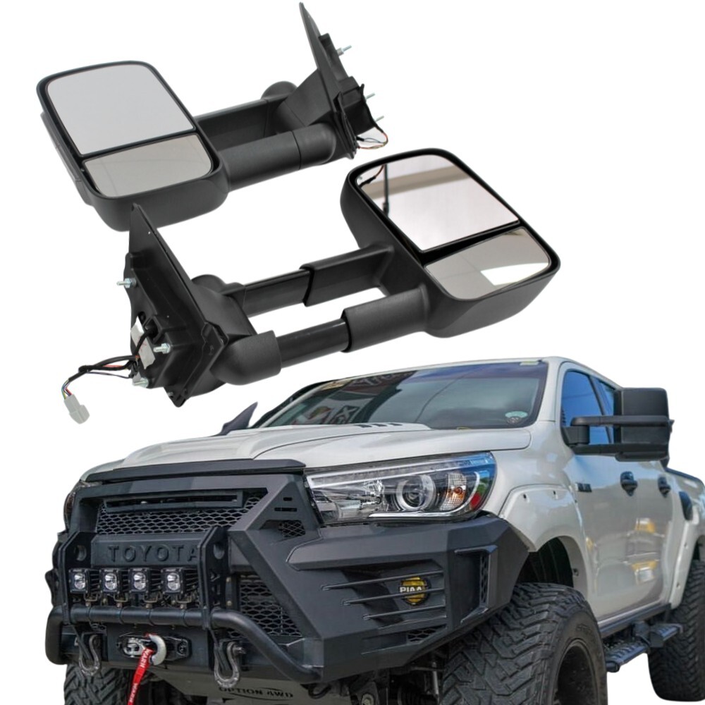 Extendable Towing Mirrors suit  Hilux 2015 - 2021 Black Electric LED Indicators Caravan Trailer