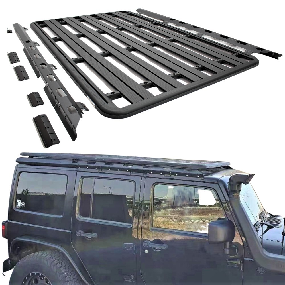 Aluminium Flat Roof Rack Cage Fits Jeep JK JL Wrangler 220cm x 142cm Mounts Tradie Black