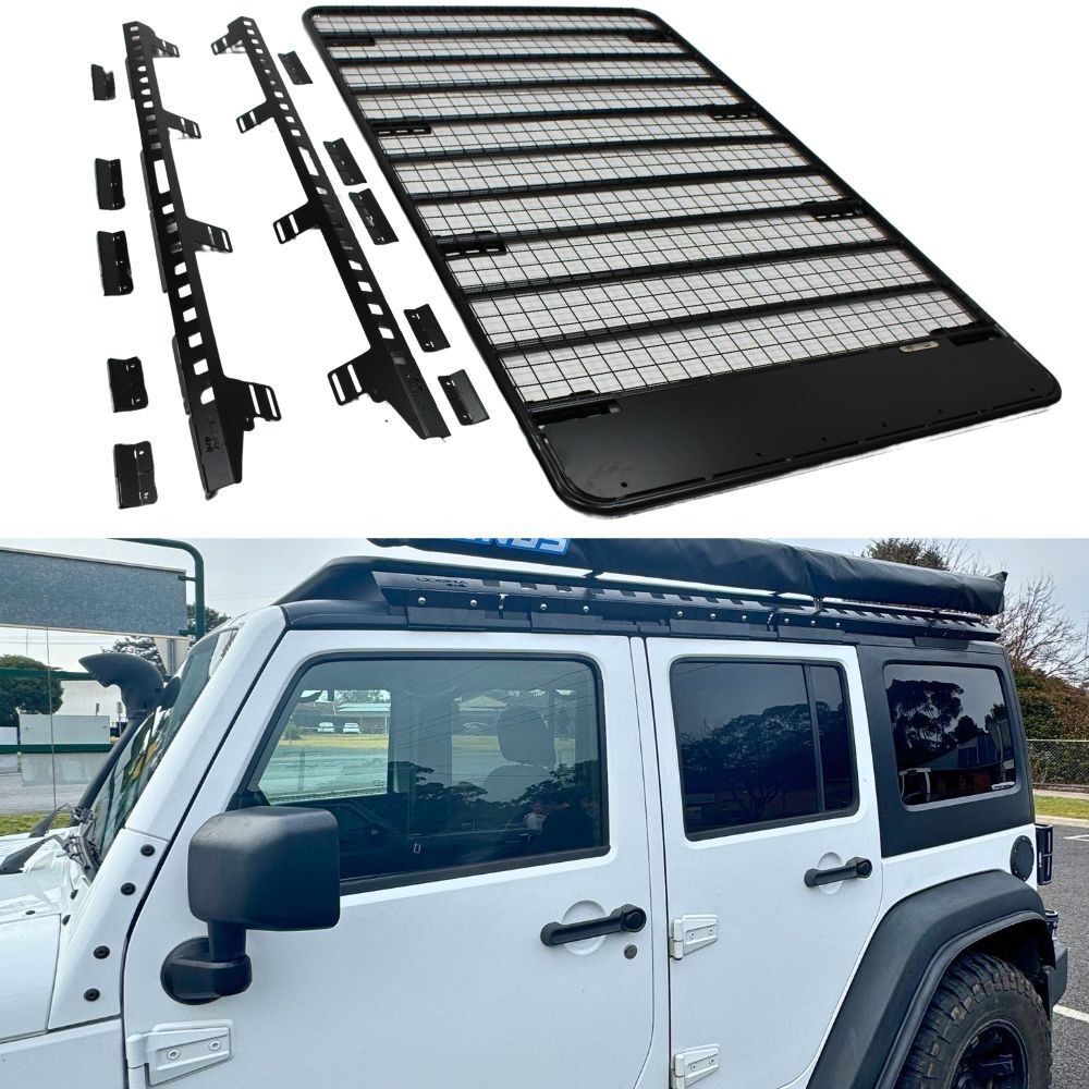 Steel Flat Roof Rack Platform fits Jeep JK JL Wrangler 220cm x 135cm Brackets Black Powder Coated