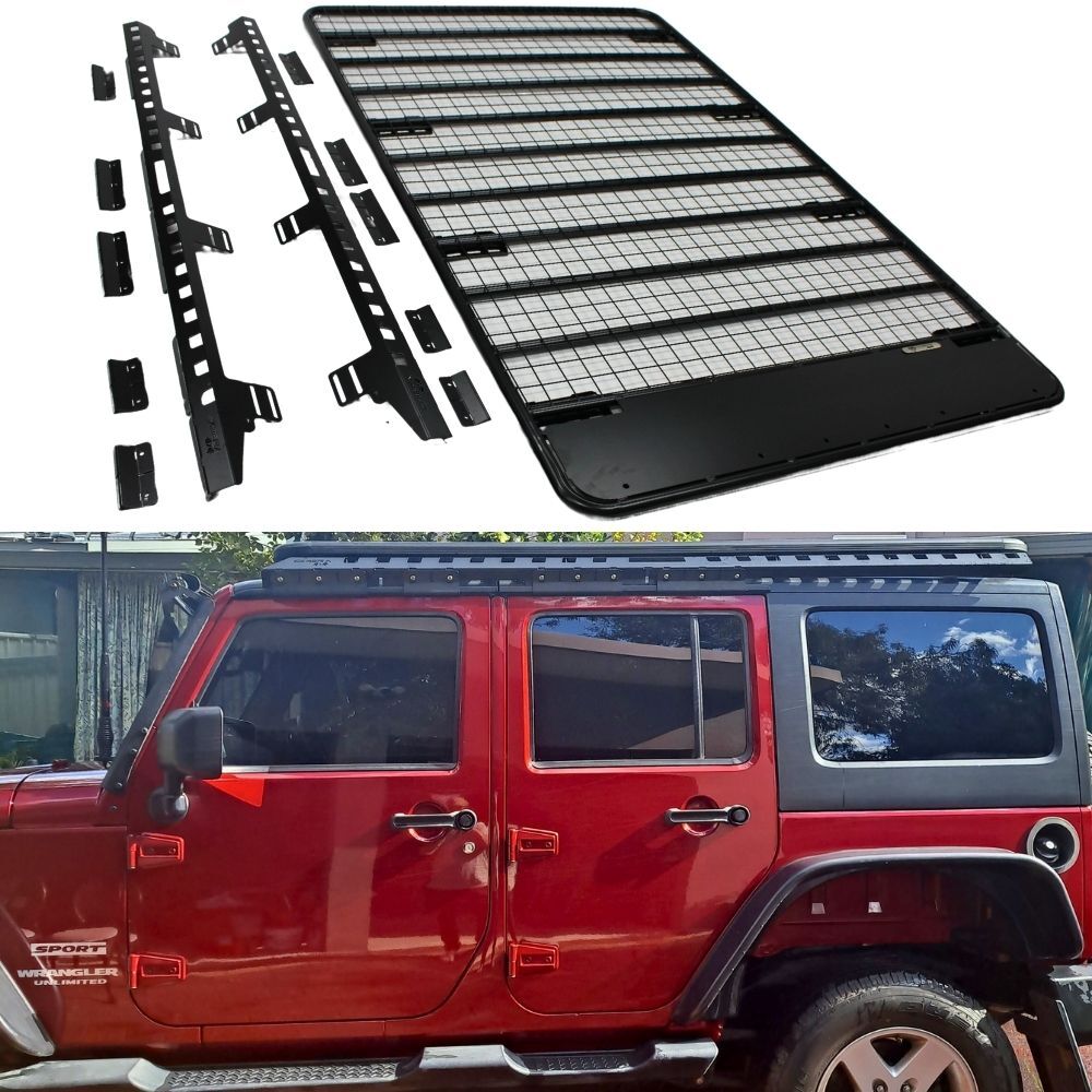 Steel Flat Roof Rack Platform fits Jeep JK JL Wrangler 220cm x 135cm Brackets Black Powder Coated