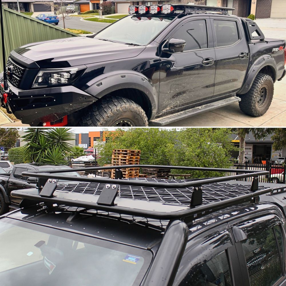 Aluminium Flat Rack With Cage Extension Suits Nissan Navara NP300 2015+ 135x125CM Black Powder Coated Brackets 