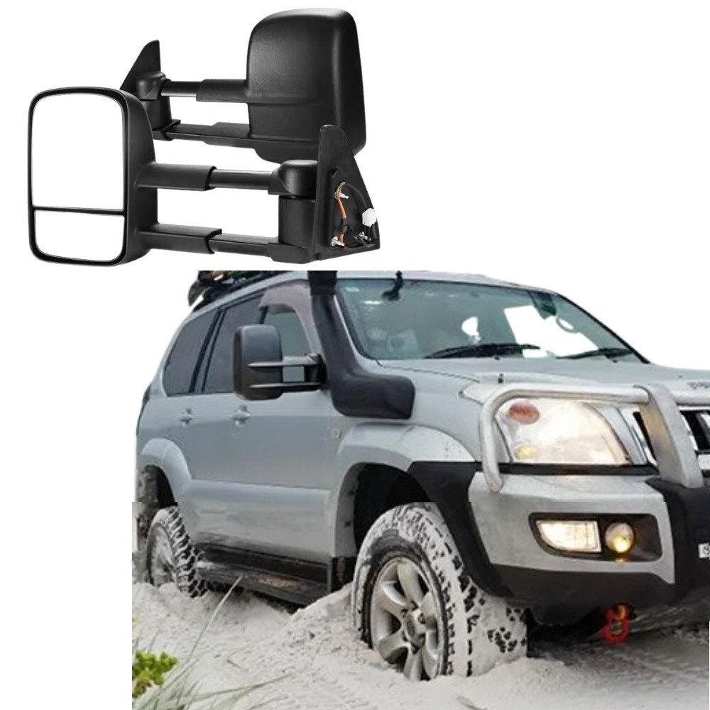 Extendable Towing Mirrors suit Landcruiser Prado 120 Series 2002 - 2009 Black Electric Caravan Trailer