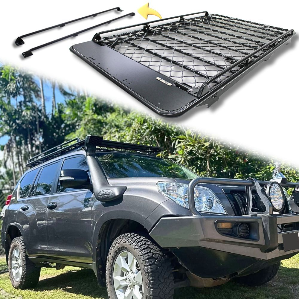 Aluminium Flat Mesh Roof Rack With Removeable Side Rails Suits Landcruiser Prado 150 Series 220cm x 125cm Platform Brackets Black Powder Coated