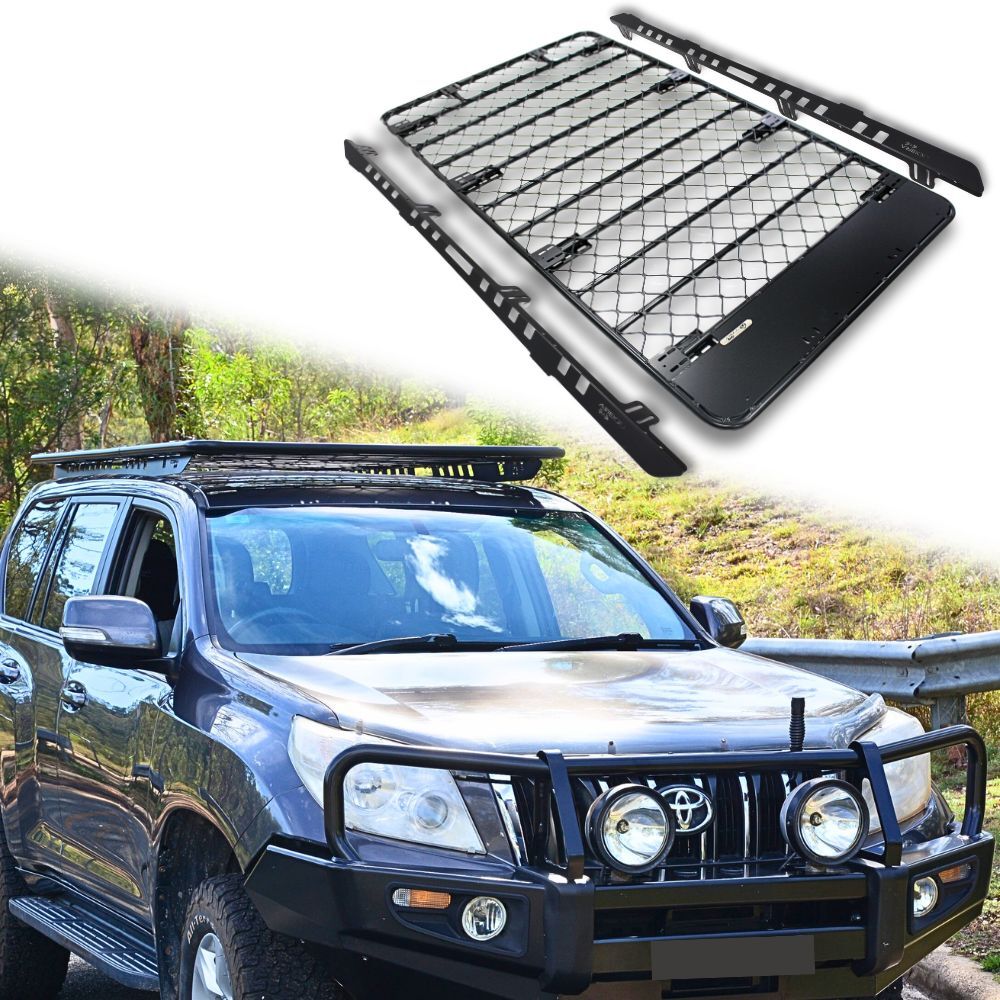Aluminium Flat Mesh Roof Rack Platform Suits Landcruiser Prado 150 Series Brackets Black Powder Coated