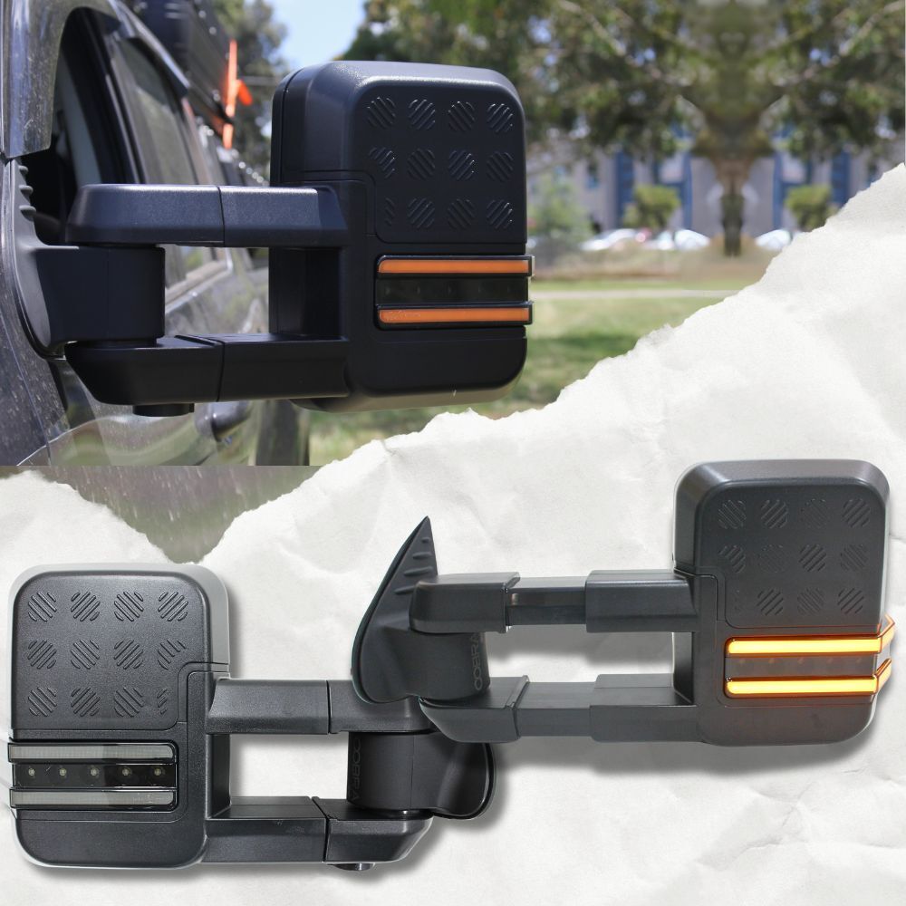 Cobra 4x4 Gen 2 Extendable Towing Mirrors Suit Landcruiser Prado 150 Series Black Electric LED Indicators Caravan Trailer