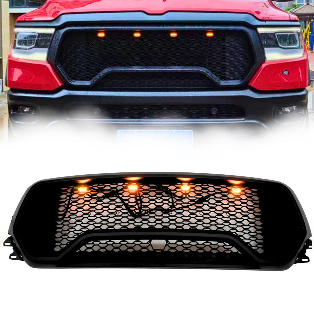 Front Matte Black Mesh rill with LED Suits RAM 1500 2019 - 2022 Grille