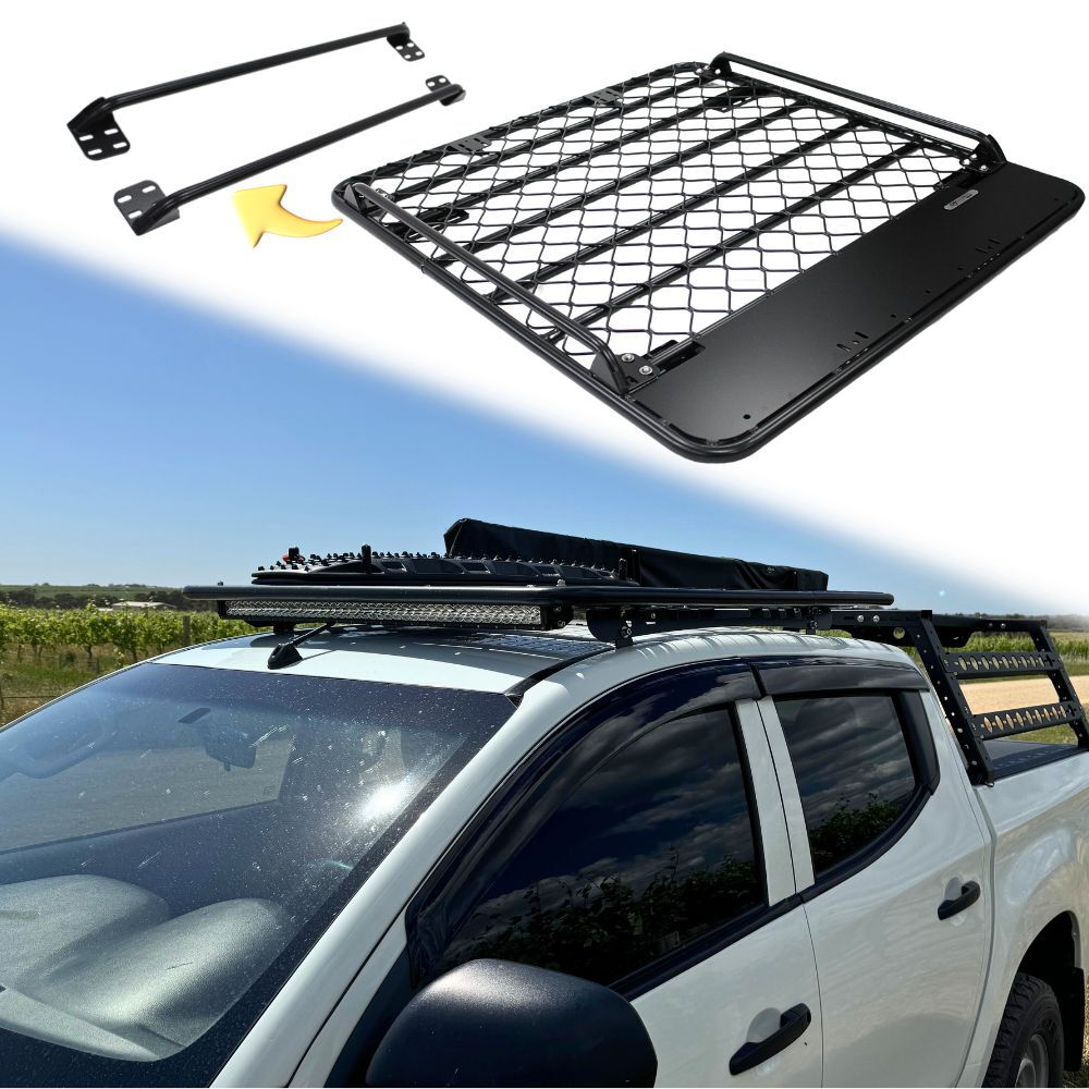 Aluminium Flat Mesh Roof Rack With Removeable Side Rails Suits Mitsubishi Triton MN ML 2006 - 2014 Platform Brackets Black Powder Coated