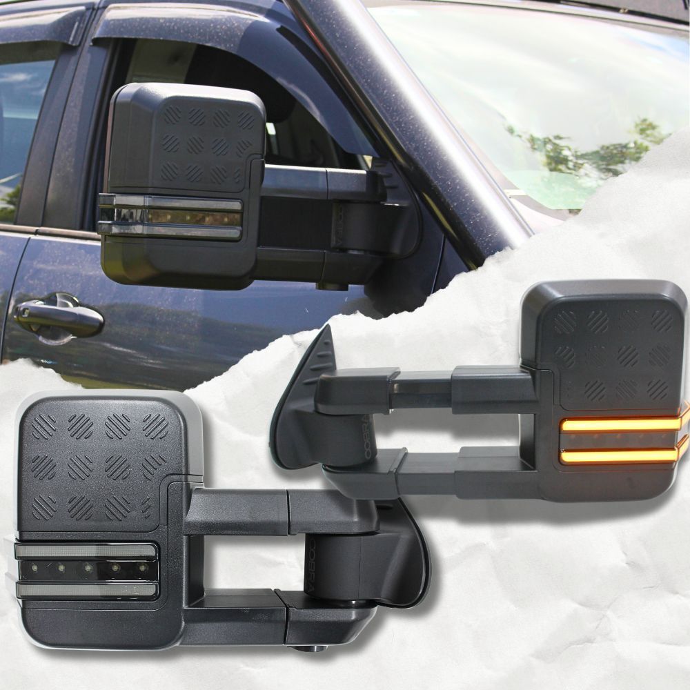 Cobra 4x4 Gen 2 Extendable Towing Mirrors Suit Mitsubishi Triton MN ML 2006-2014 Black Electric LED Indicators Caravan Trailer