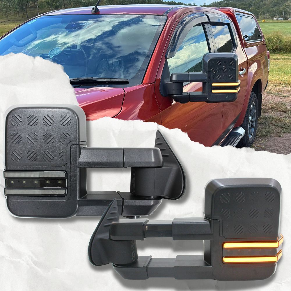 Cobra 4x4 Gen 2 Extendable Towing Mirrors With Blind Spot Sensor Suit Triton MQ MR 2015 - 2023 Black Electric LED Indicators Caravan Trailer