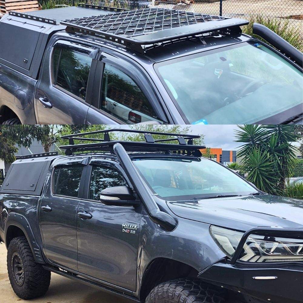Aluminium Flat Rack With Cage Extension Suits Hilux 2005 - 2021 135 x 125cm Platform Brackets Black Powder Coated