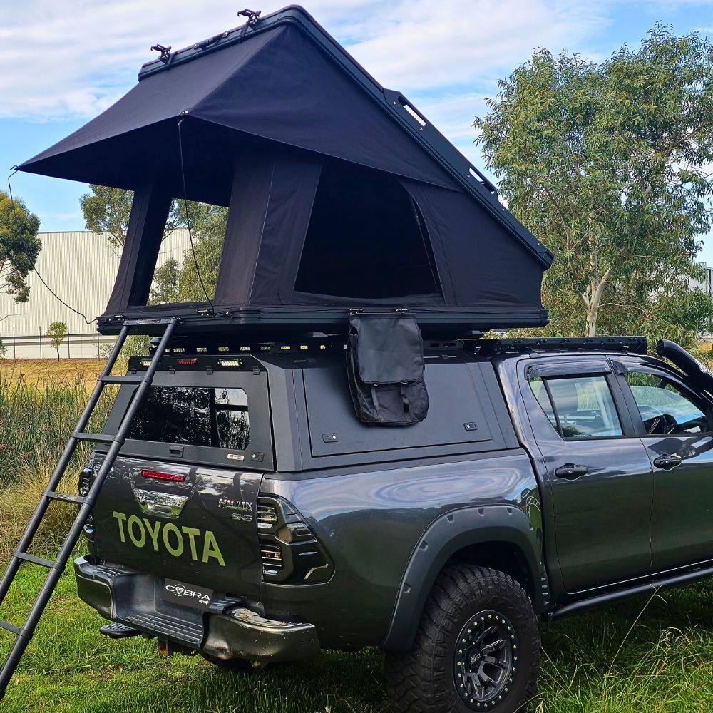 Cobra 4x4 Premium Summit 130 Roof Top Triangle Tent Aluminium Alloy Hardshell 2 Person 320G Poly Cotton Ladder