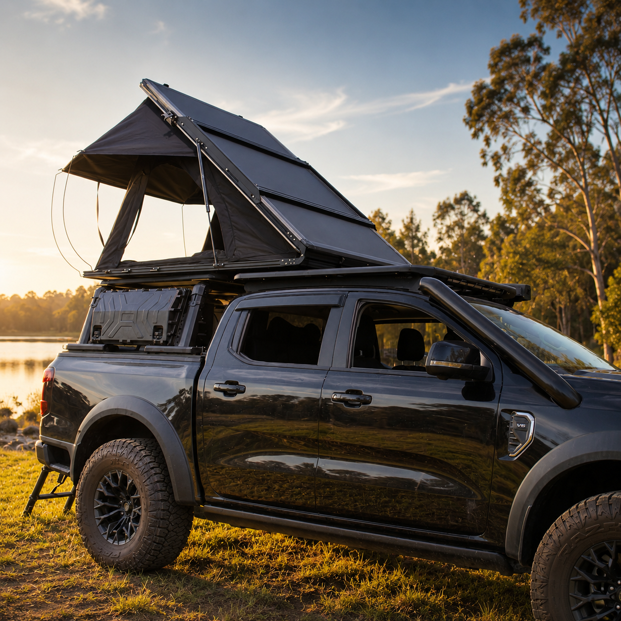 Cobra 4x4 Premium Summit 133 Low Profile Roof Top Triangle Tent Aluminium Alloy Hardshell 2 Person 320G Poly Cotton Ladder