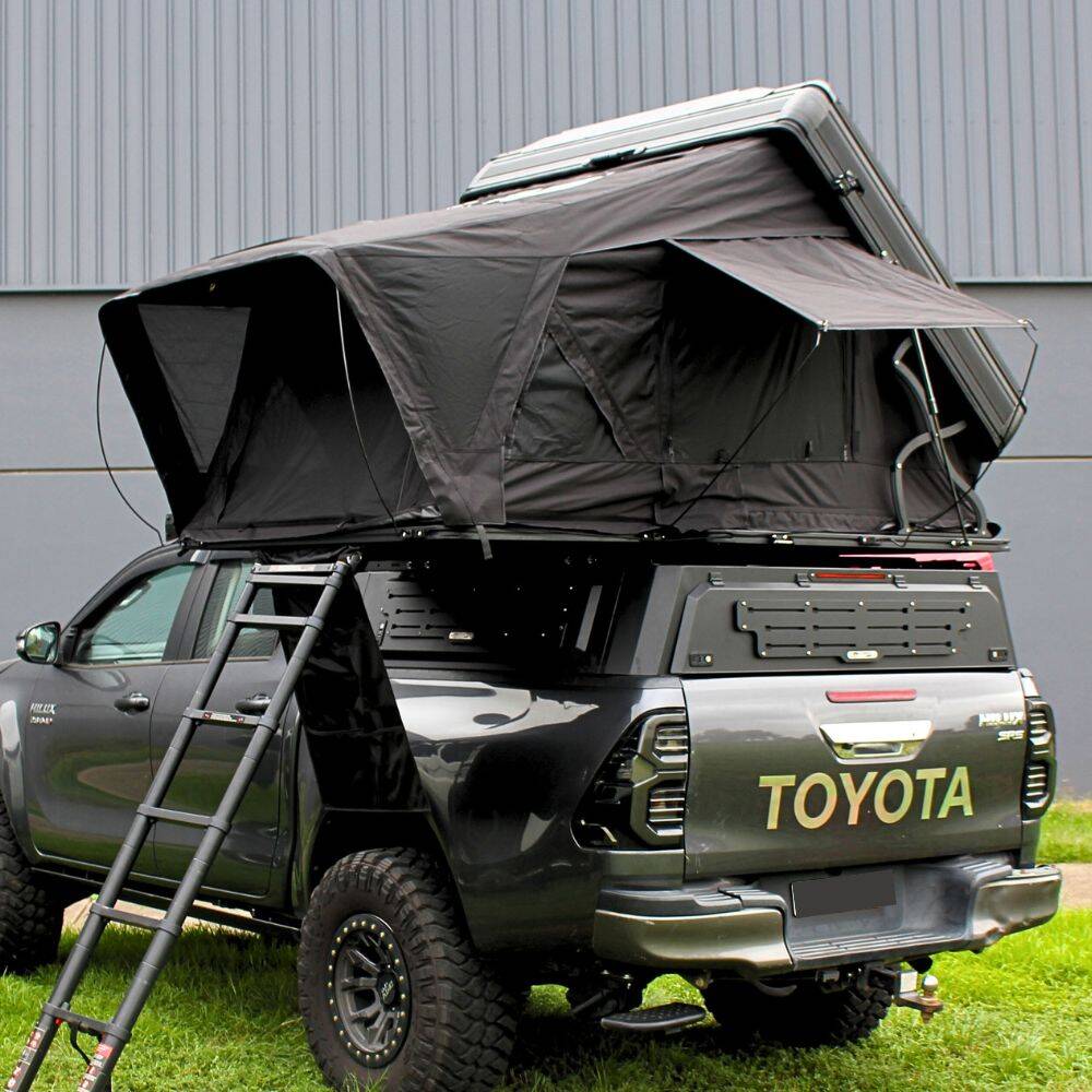 Cobra 4x4 Premium Summit 150 Roof Top Folding Tent Aluminium Alloy Hardshell 2 Person 320G Poly Cotton Ladder For Dual Cabs Ute