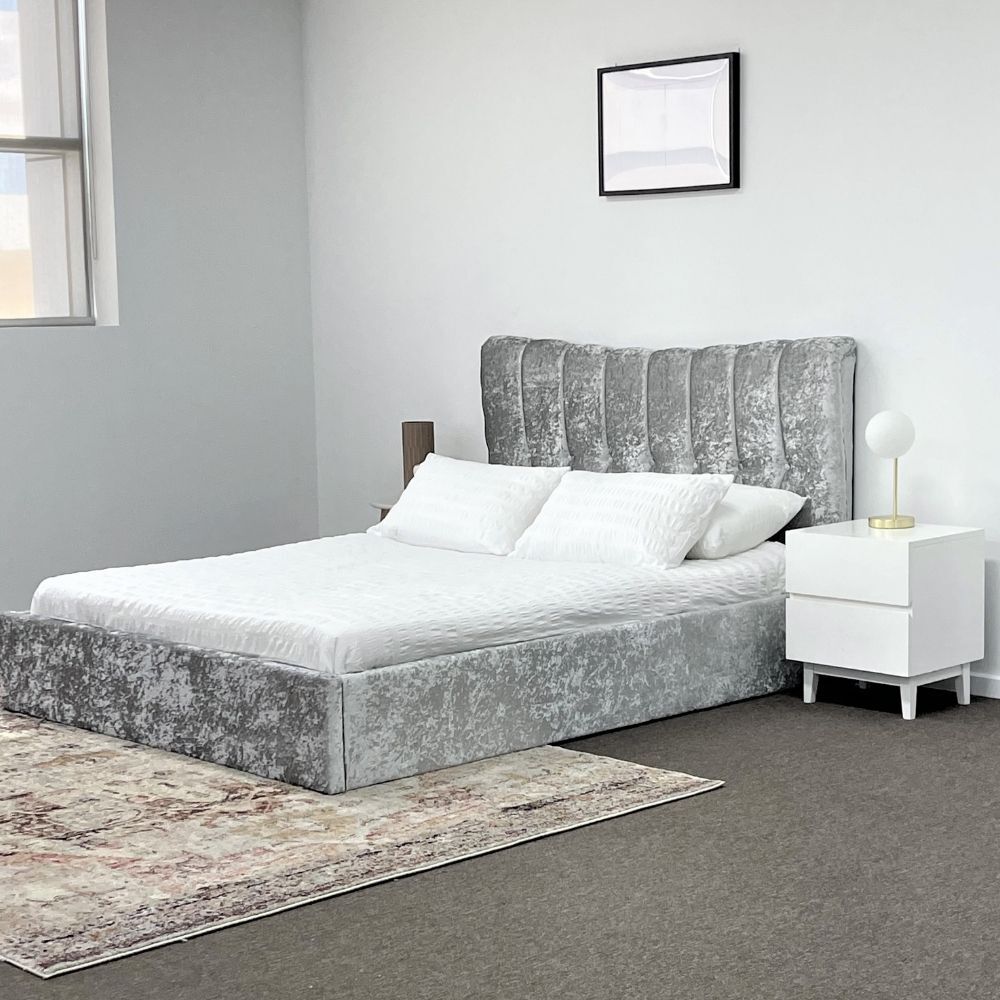 Siena Queen Size Gas Lift Storage Bed Frame Silver Crushed Velvet