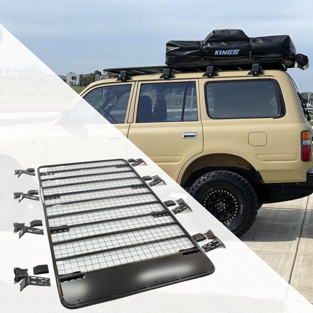 220cm x 125cm Flat Roof Rack Rain Gutter Mounts Black Powder Coated Steel Rack fits Landcruiser 80 1
