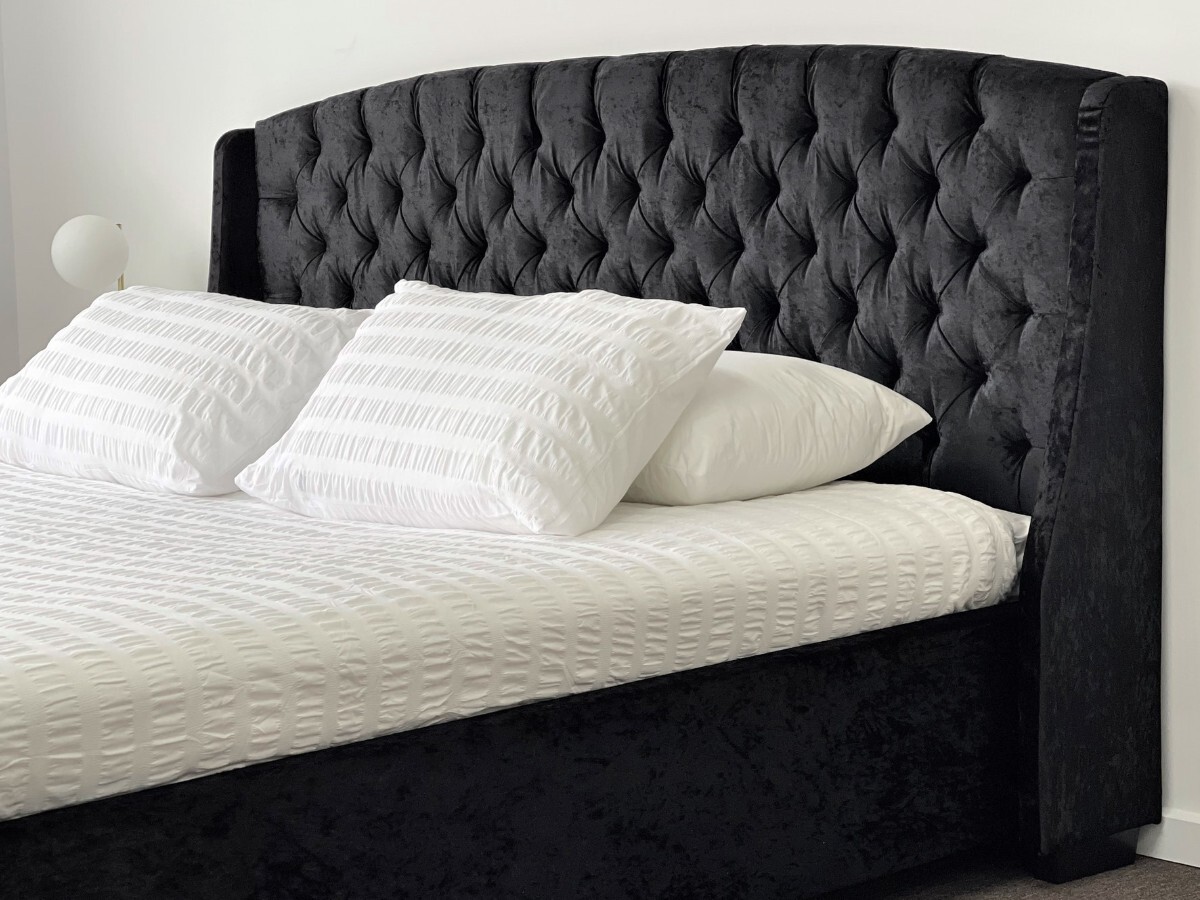 King Bed Frame Studded Velvet Fabric, Black Upholstered King Bed