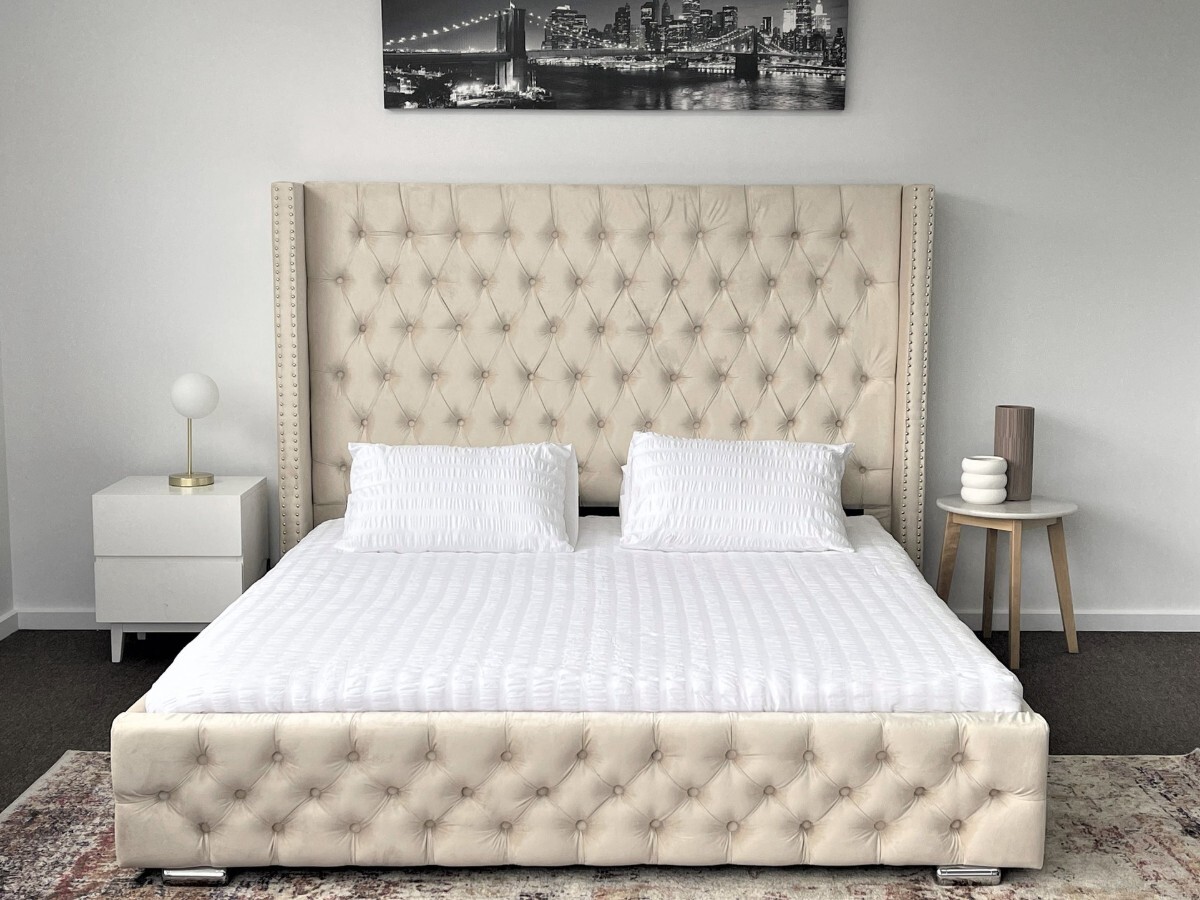 Salvatore King Bed Frame Studded Fabric Beige Plush Velvet