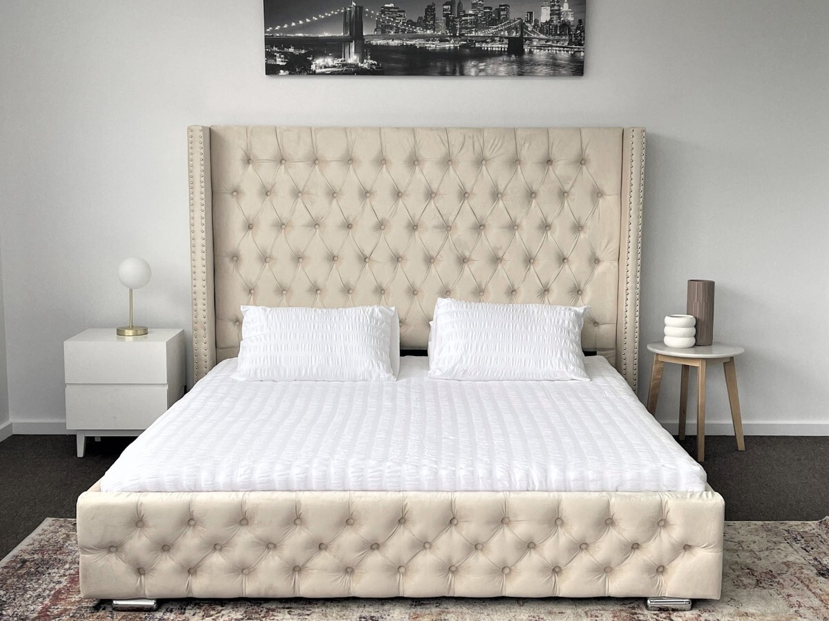 Salvatore King Bed Frame Studded Fabric, Tall King Bed Frame