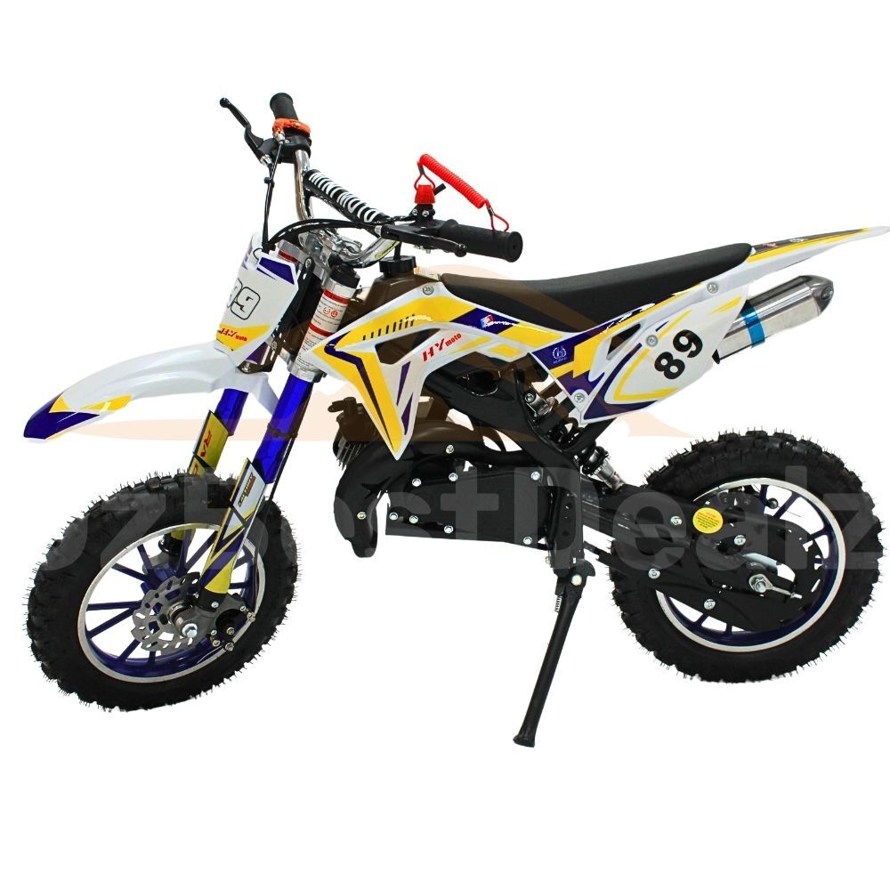 Kids 49CC Petrol Dirtbike For Kids Ride On Bike 2 Stroke Off Road Steel White Blue Yellow