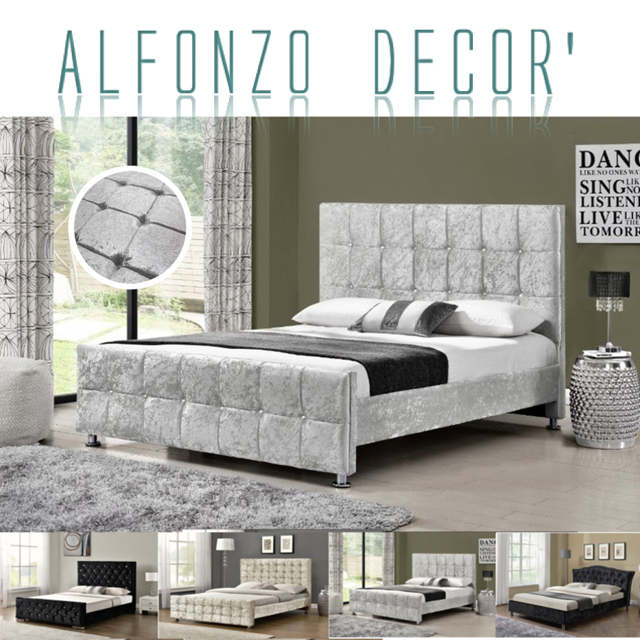 QUEEN BED FRAME VELVET FABRIC DIAMOND STUDDED UPHOLSTERED ...