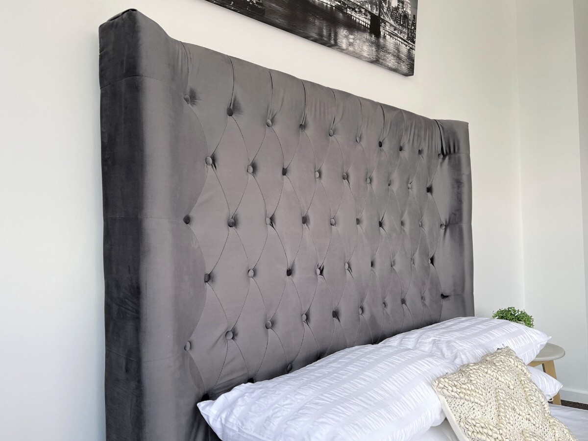 Aspen Queen Bed Frame Studded Fabric Grey Plush Velvet Upholstered