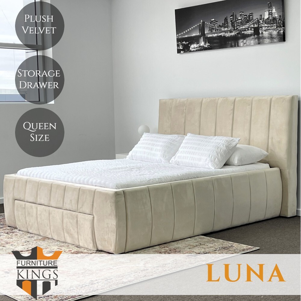 Luna Queen Bed Frame Beige Plush Velvet, Plush Bed Frame