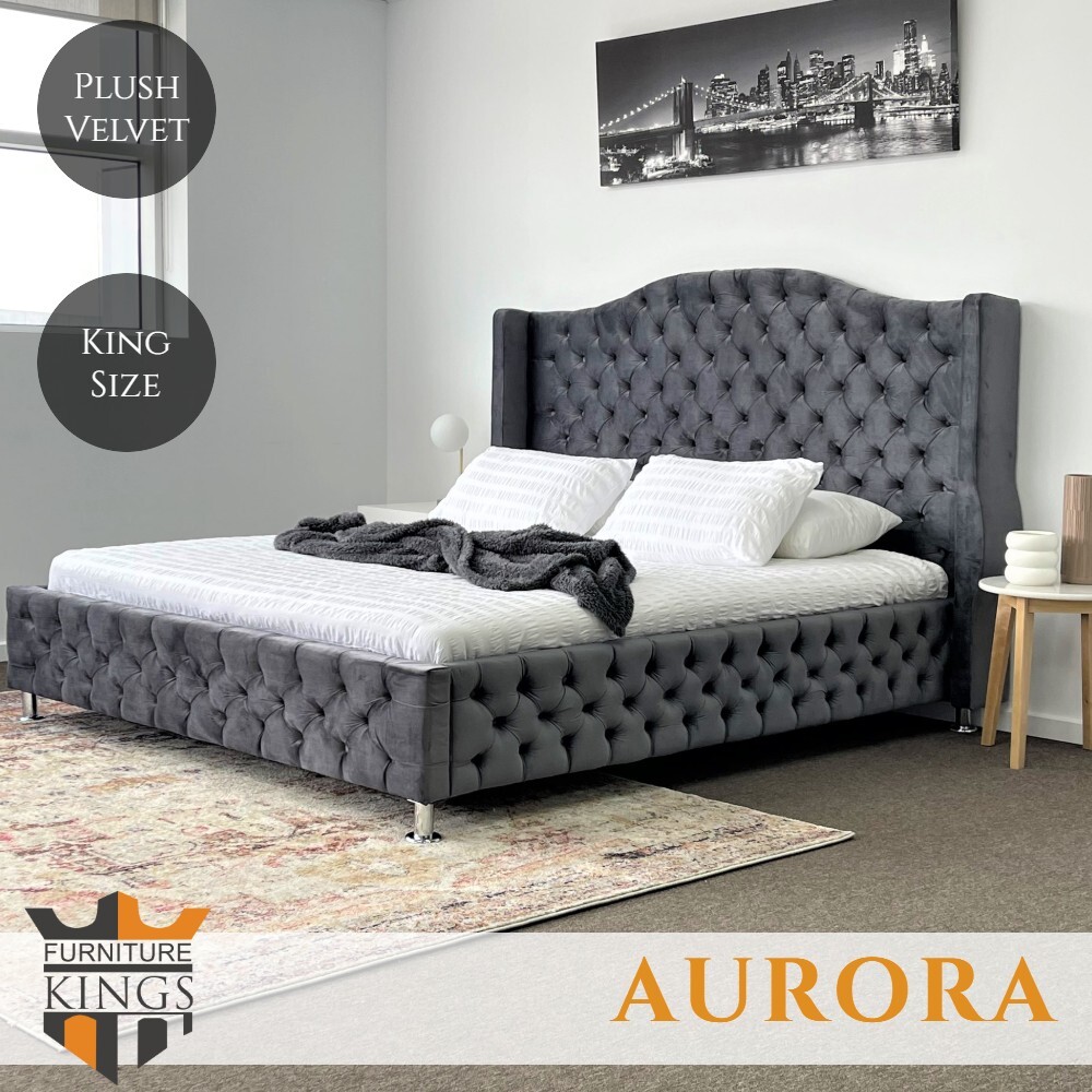Aurora King Bed Frame Studded Fabric, Grey Bed Frame King