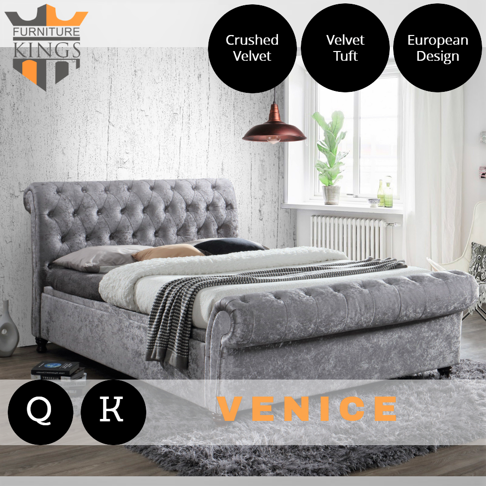 Queen King Bed Frame Velvet Fabric Grey Silver Upholstered Vs Pu Leather Ebay